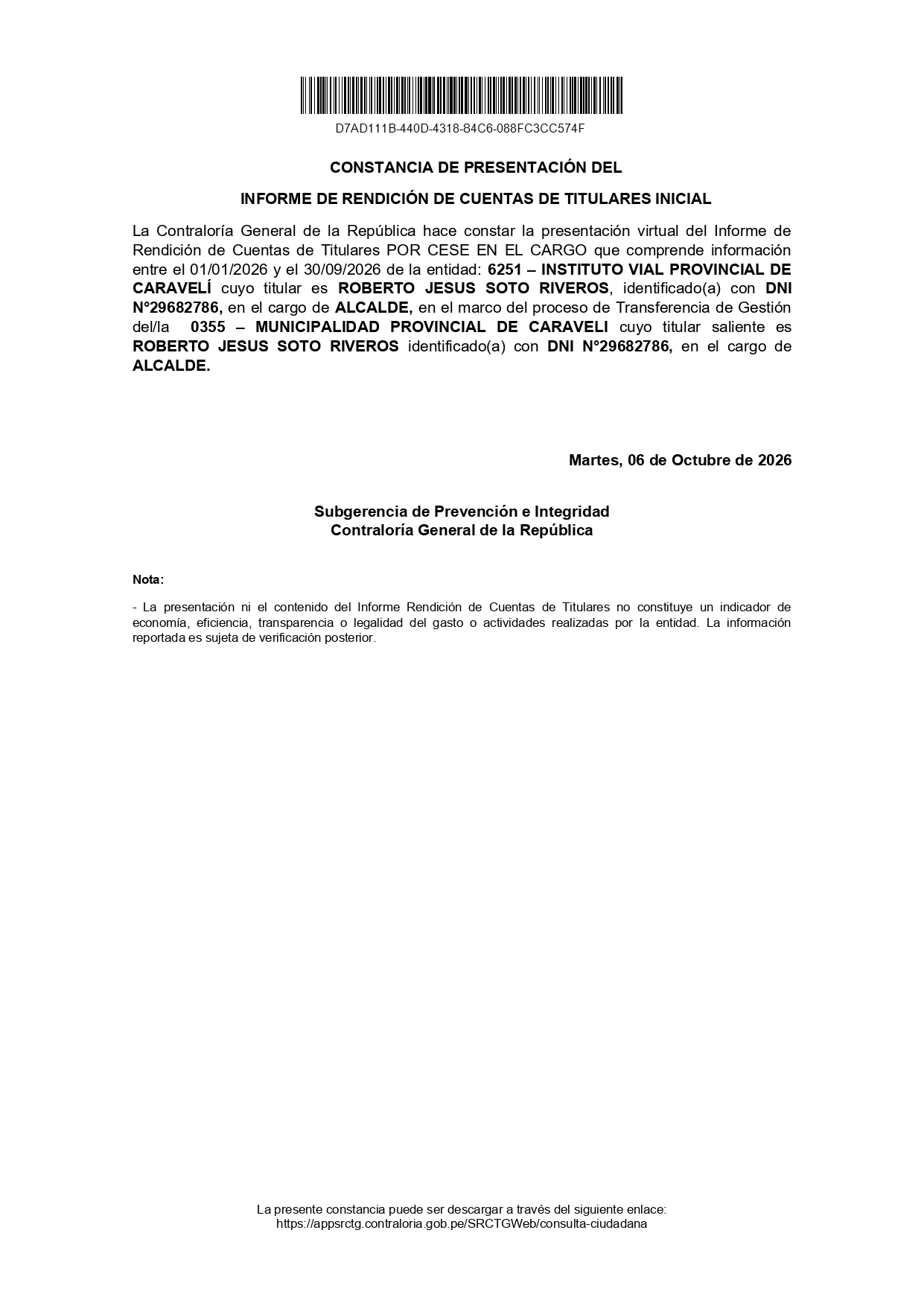 CONSTANCIA DE RENDICIÓN DE CUENTAS TITULARES IVP 2026